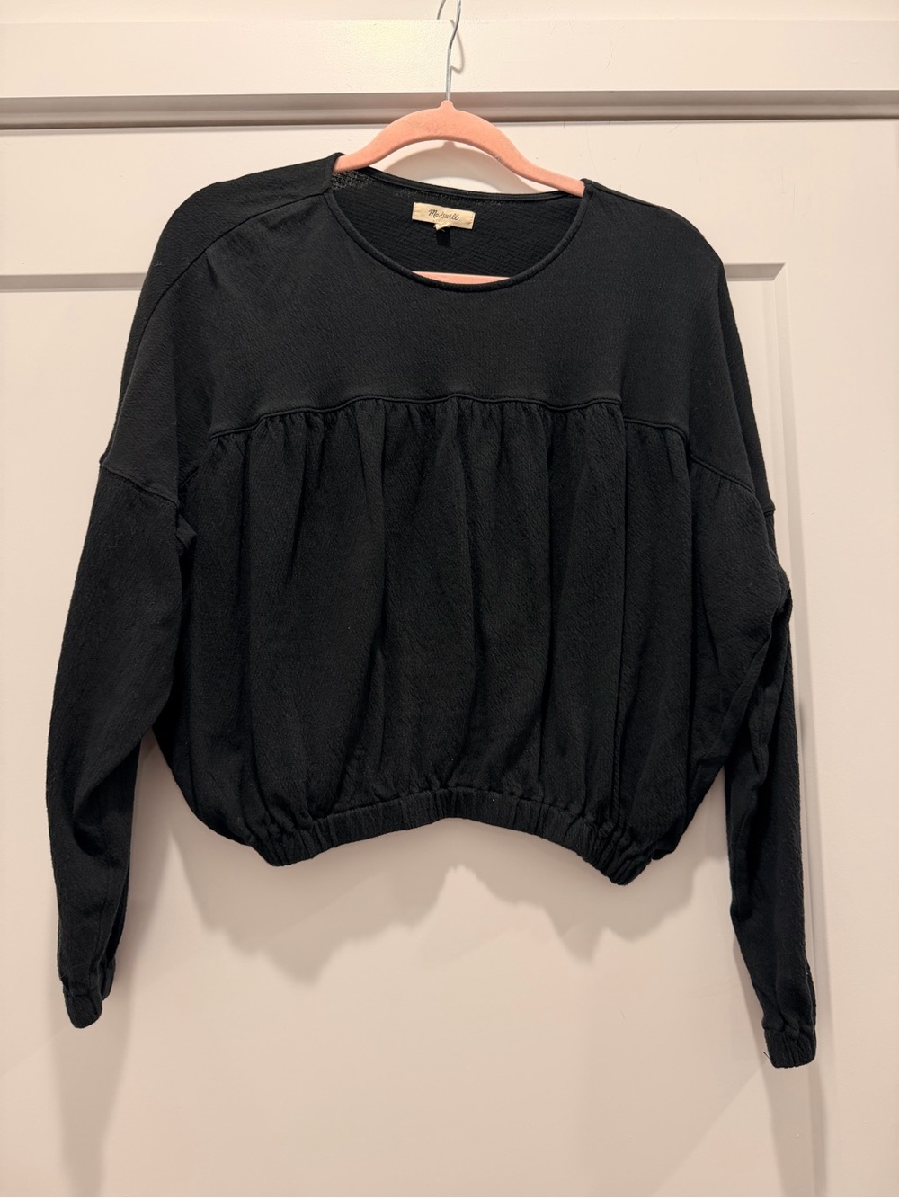 Madewell Black Gathered-Hem Long-Sleeve Pullover Sweatshirt